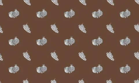 Pattern of silver clocks and grapes on brown background Ilustração Stock