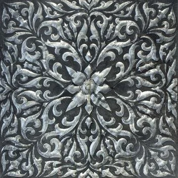 Pattern of Silver Metal Plate with Flower Carved Background, Thai Style Stock Photos
