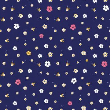 Pattern with simple colorful flowers on navy blue Stock Illustration