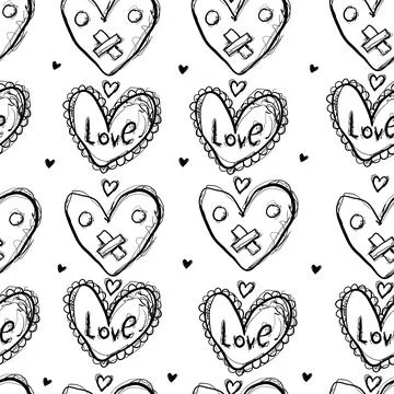 Pattern of simple hearts with the word love drawn in black ink on a white b.. Stock Illustration
