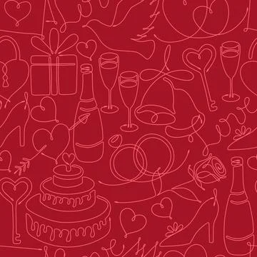 Pattern with single line drawing romantic symbols Stock Illustration