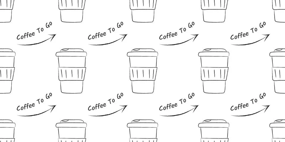 Pattern Sketch disposable cup, text Coffee to go, arrow. Seamless symmetrical Stock Illustration