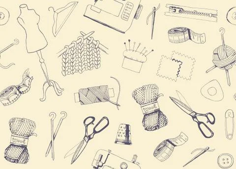 Pattern with sketches of sewing and knitting Stock Illustration