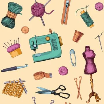 Pattern with sketches of sewing and knitting Stock Illustration
