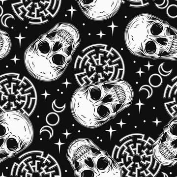 Pattern with skull, labyrinth, tripple goddes sign Stock Illustration
