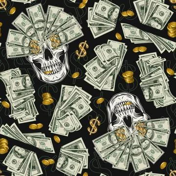 Pattern with skull, money, 100 dollar notes, coins Stock Illustration