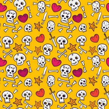 Pattern with skulls and hearts, bones and daggers, colorful seamless backgrou Stock Illustration