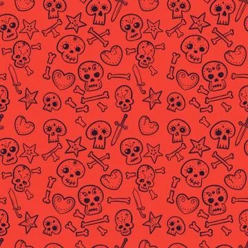 Pattern with skulls and hearts, bones and daggers, vector seamless background Stock Illustration