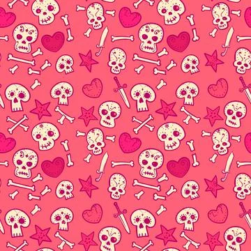 Pattern with skulls and hearts, bones and daggers, vector seamless background Stock Illustration