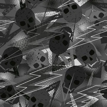 Pattern with skulls, grunge paint brush stroke, lightning, round halftone sha Stock Illustration