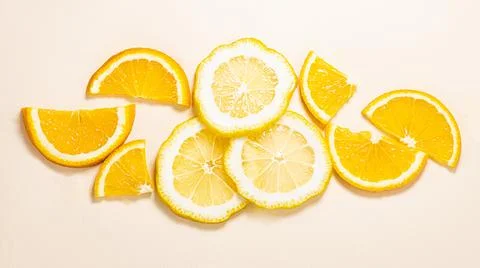 Pattern of sliced orange background. Orange fruit top view with copy space. Stock Photos