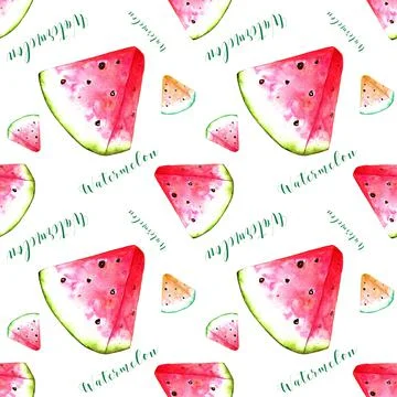 Pattern with slices of watermelon on a white background and writing about sum Stock Illustration