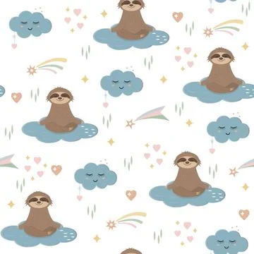 Pattern of Sloths in the sky among clouds, stars and rainbows, children's wal Stock Illustration