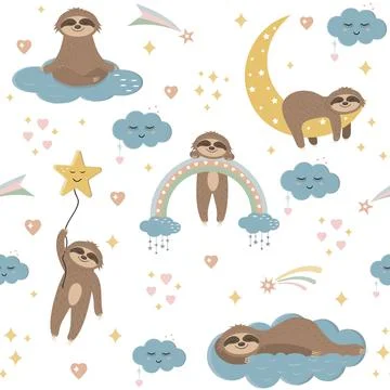Pattern of Sloths in the sky among clouds, stars and rainbows, children's wal Stock Illustration