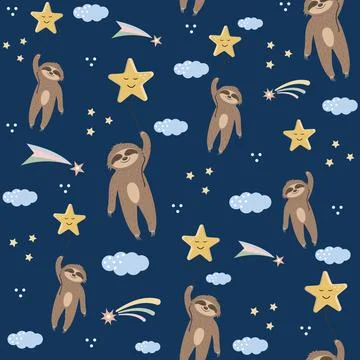 Pattern Sloths in the sky flying on a sleeping star, children's wallpaper tex Stock Illustration