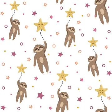 Pattern Sloths in the sky flying on a sleeping star, children's wallpaper tex Illustrazione stock