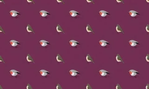 Pattern of small birds on purple background Stock Illustration