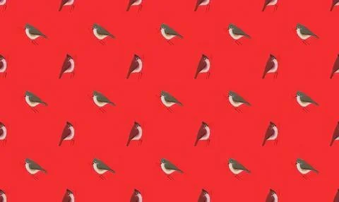 Pattern of small birds sitting on red background Stock Illustration
