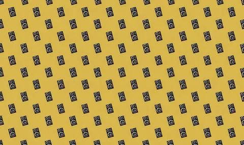 Pattern of small black and purple cameras on yellow background Stock Illustration