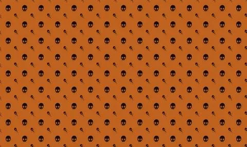 Pattern of small black skulls on orange background Stock Illustration
