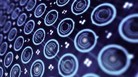 Pattern of small blue spinning circles and pixels moving on a electronic screen Stock Illustration