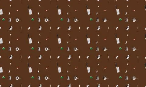 Pattern of small bottles and green balls on brown background Stock Illustration