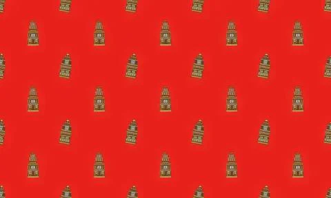 Pattern of small brown and gold towers on red background Stock Illustration