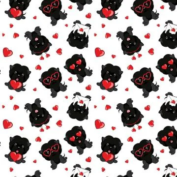 A pattern with small brown dogs with red hearts on a white background. Stock Illustration