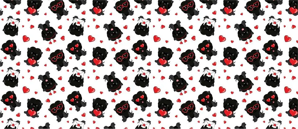 A pattern with small brown dogs with red hearts on a white background. Stock Illustration