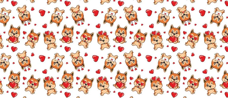 A pattern with small brown dogs with red hearts on a white background. Stock Illustration