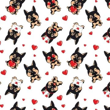 A pattern with small brown dogs with red hearts on a white background. Stock Illustration