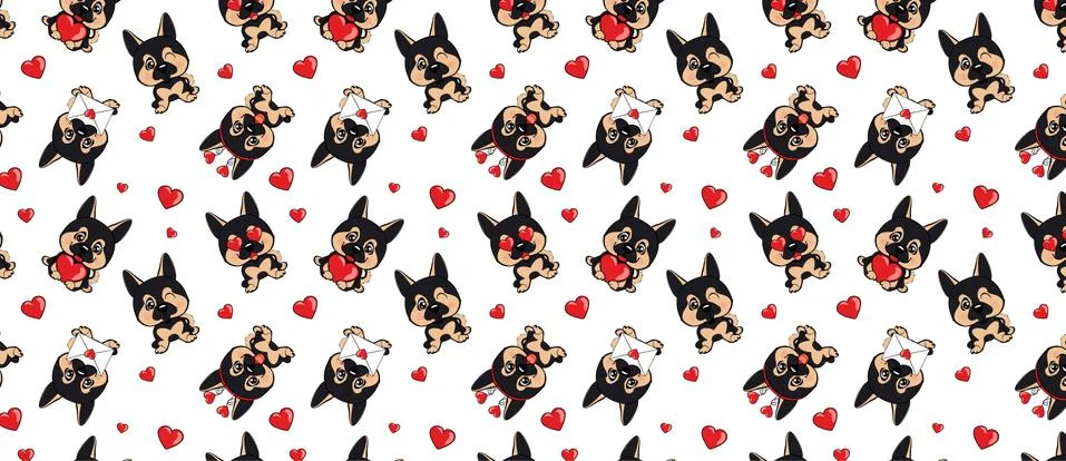 A pattern with small brown dogs with red hearts on a white background. Stockillustratie