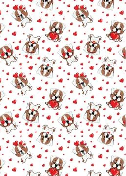 A pattern with small brown dogs with red hearts on a white background. Stock Illustration