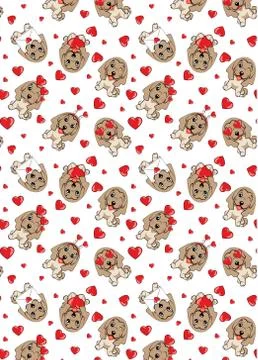 A pattern with small brown dogs with red hearts on a white background. Stock Illustration