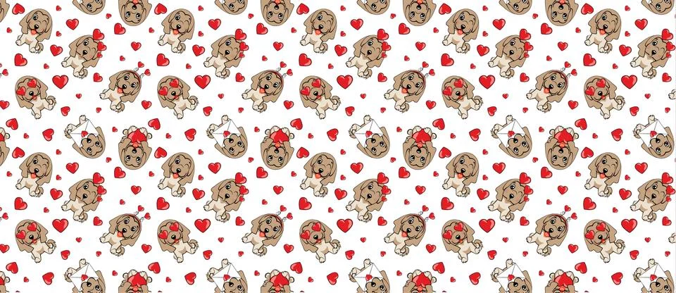 A pattern with small brown dogs with red hearts on a white background. Stock Illustration