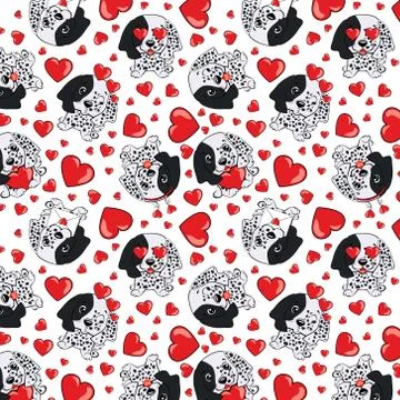 A pattern with small brown dogs with red hearts on a white background. Stock Illustration