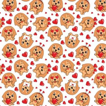A pattern with small brown dogs with red hearts on a white background. Stock Illustration