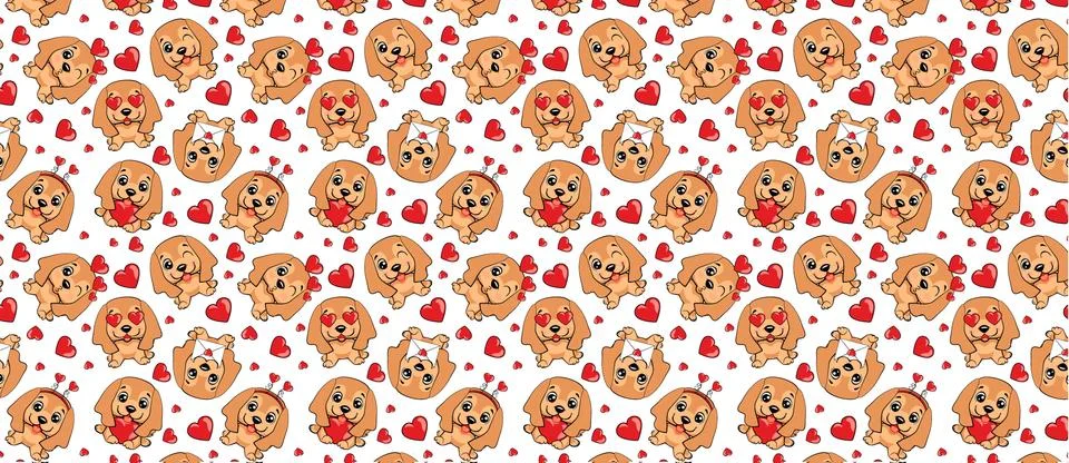 A pattern with small brown dogs with red hearts on a white background. Stock Illustration
