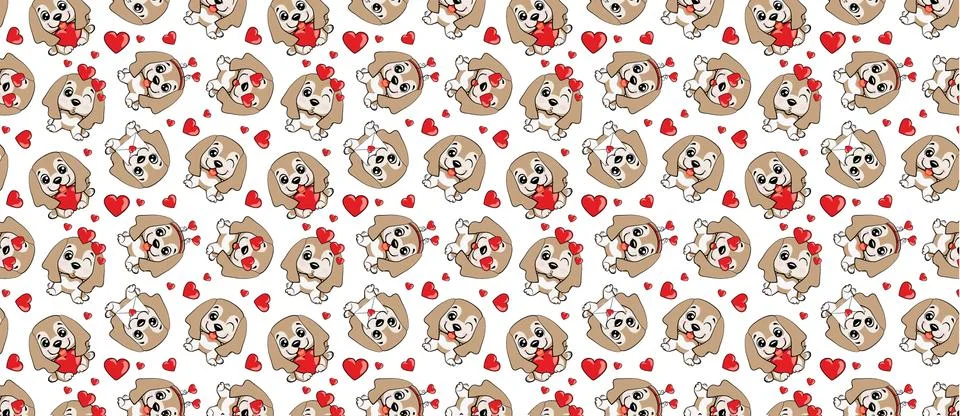 A pattern with small brown dogs with red hearts on a white background. Stock Illustration