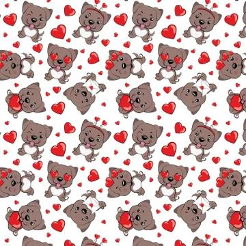 A pattern with small brown dogs with red hearts on a white background. Stock Illustration