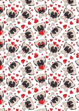 A pattern with small brown dogs with red hearts on a white background. Stock Illustration