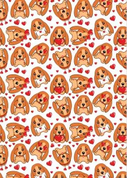 A pattern with small brown dogs with red hearts on a white background. Stock Illustration