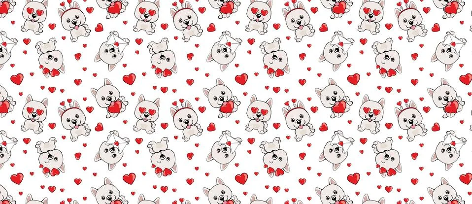 A pattern with small brown dogs with red hearts on a white background. Stock Illustration