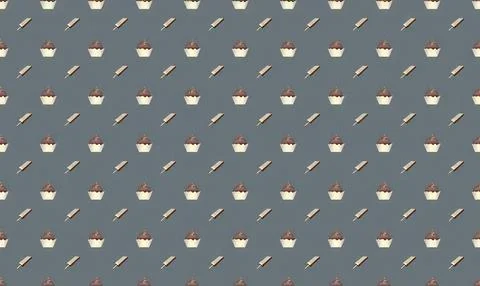 Pattern of small cupcakes with cherries on a blue background Stock Illustration