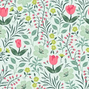 Pattern of small flowers and berries on a soft green background. Stock Illustration