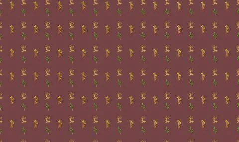 Pattern of small golden reindeer and green holly leaves on purple background Stock Illustration