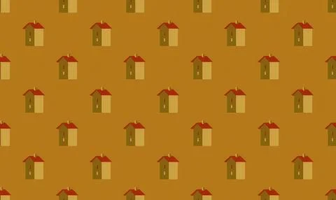 Pattern of small houses with red roofs on brown background Stock Illustration