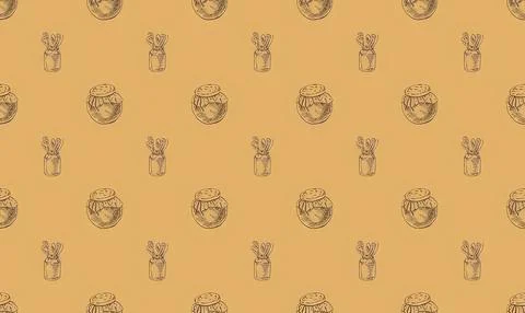 Pattern of small jars with flowers on a beige background Stock Illustration