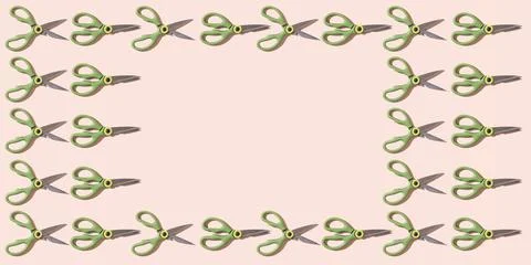 Pattern of small kitchen scissors on a pale pink background with space for te Stock Photos