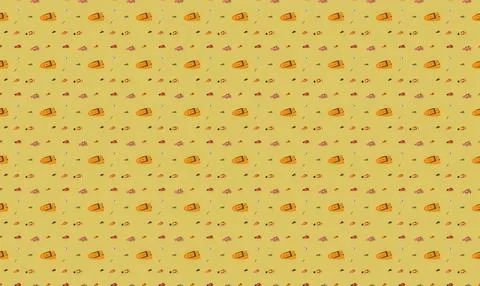 Pattern of small orange and brown fish on yellow background Stock Illustration